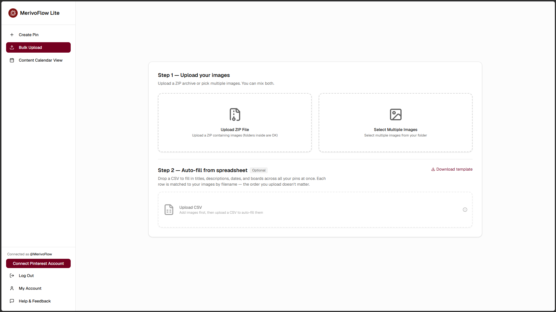MerivoFlow Bulk Upload screen. Step 1 offers “Upload ZIP File” (folders inside are OK) or “Select Multiple Images,” which can be mixed. Step 2, “Auto-fill from spreadsheet,” accepts a CSV matched to images by filename and has a “Download template” link.