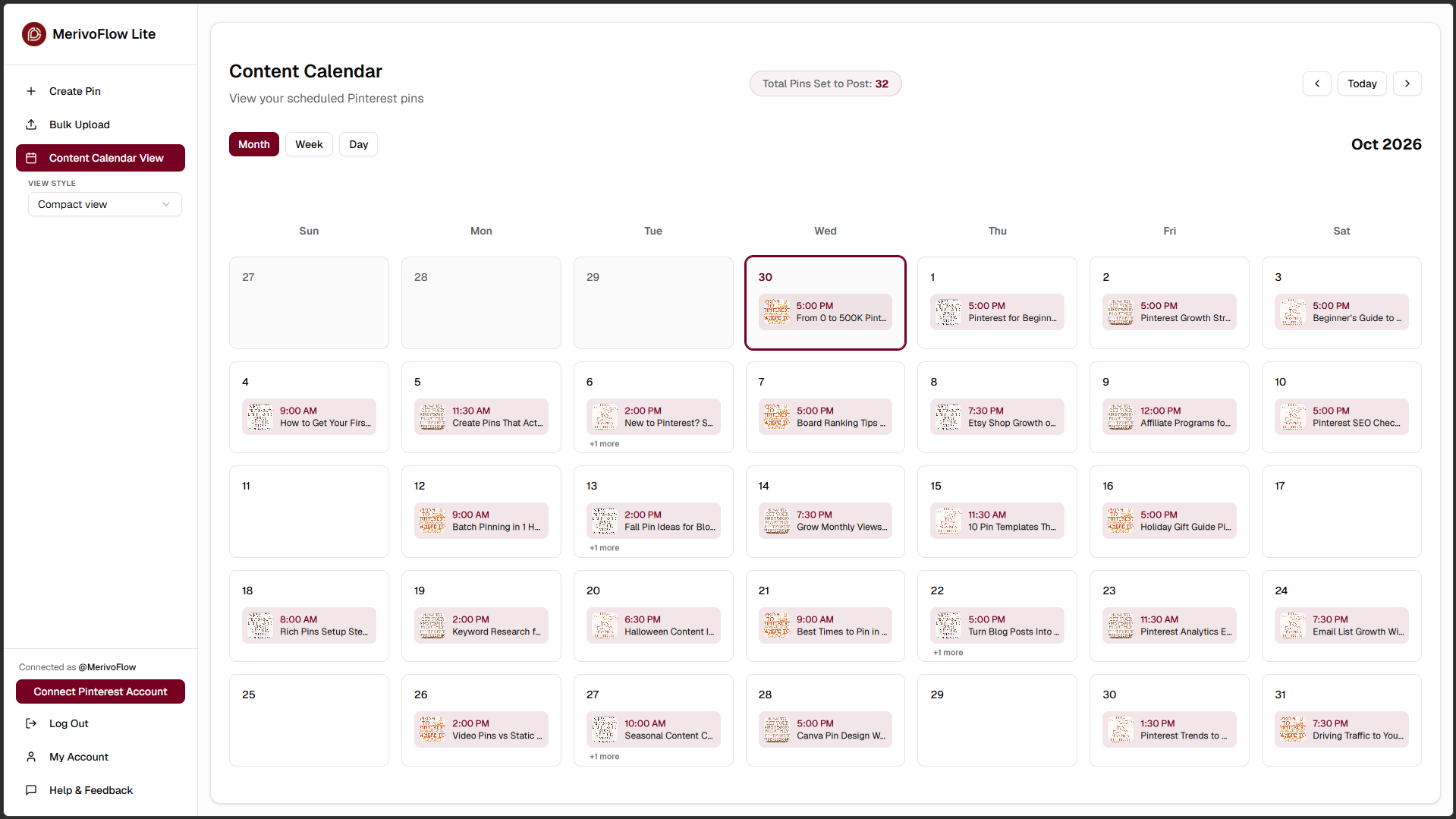 MerivoFlow Content Calendar in month view for October 2026, with Month/Week/Day toggles, a “Total Pins Set to Post: 32” counter, a scheduled pin on most days, and a sidebar with Create Pin, Bulk Upload, Content Calendar View and a Compact view option.