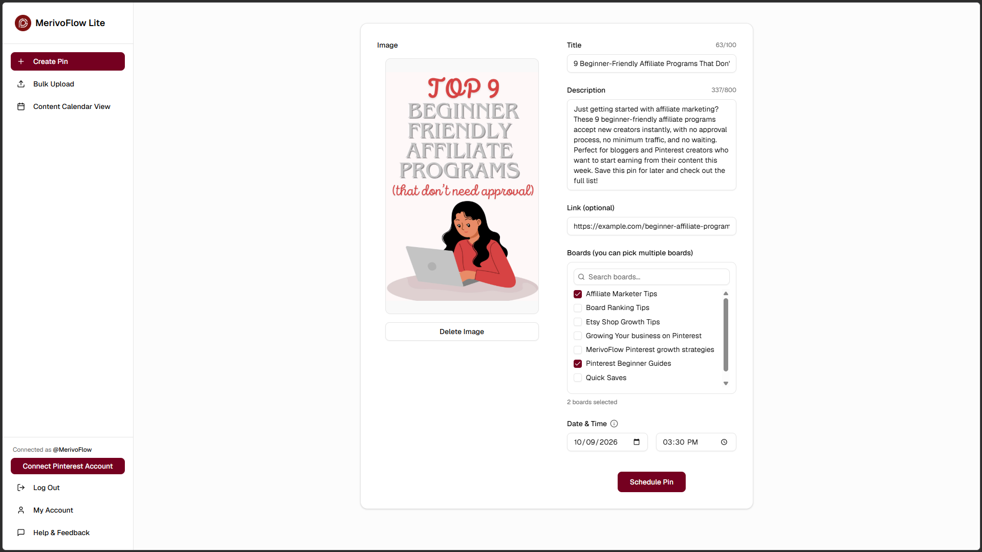MerivoFlow Create Pin form with an uploaded pin image, a title field (100-character limit), a description field (800-character limit), an optional link, a searchable board list with two boards selected, date and time pickers, and a “Schedule Pin” button.